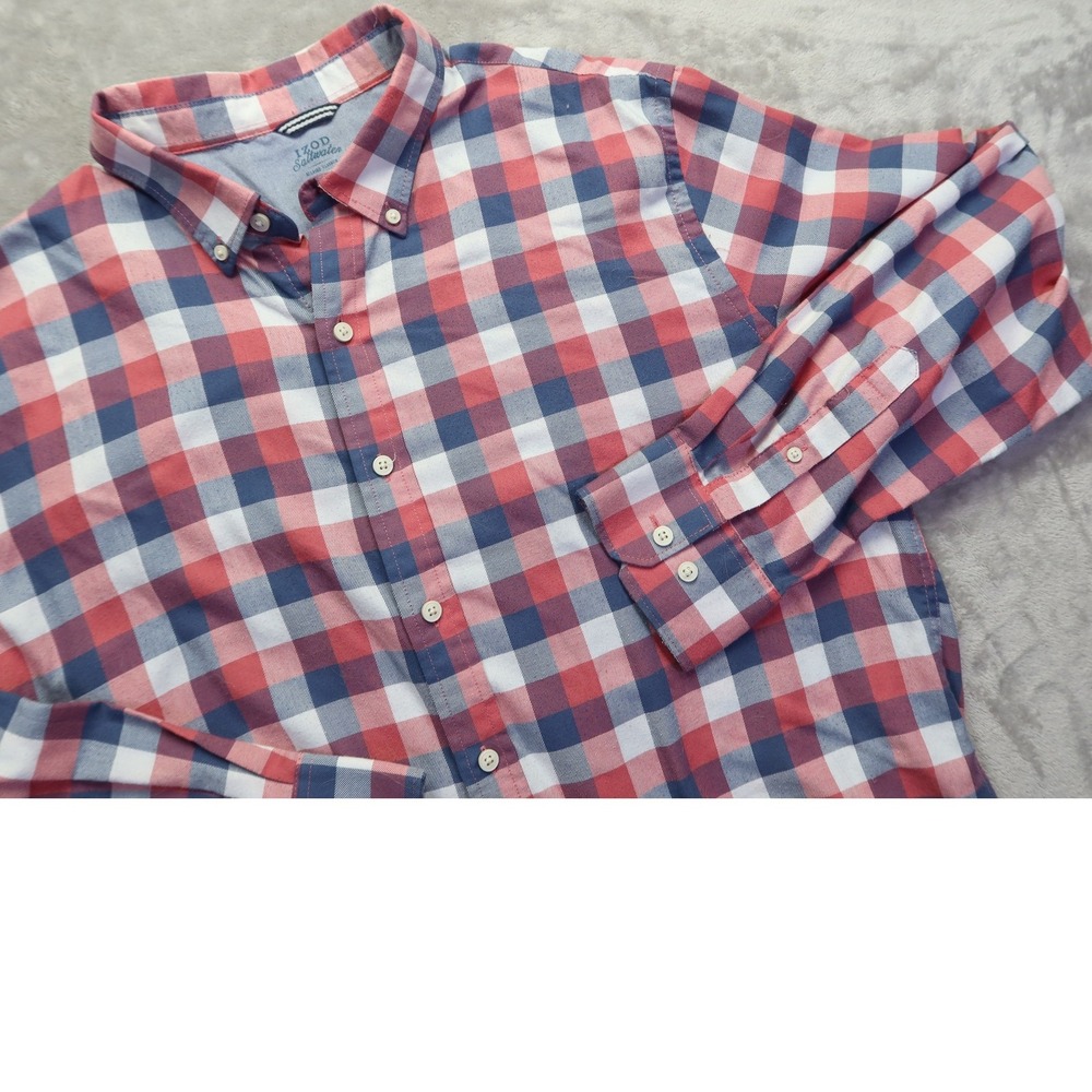 IZOD‎ Shirt Size XL Saltwater Red/White/Blue Checkered Hiking Camping Slim Fit
